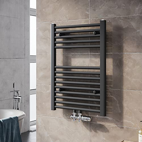 SUNXURY Badheizkörper 500x700 mm Handtuchheizkörper Mittelanschluss Handtuchwärmer Heizkörper für bad, Anthrazit(RAL 7016) Badheizkörper mit Chrom Multiblock Thermostat