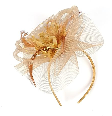 LJRPUPY Blomma Derby Fascinator-hatt tebjudning huvudbonad kyrka huvudbonad bröllop bal fascinator hatt för kvinnor, Guld, 7 1/4