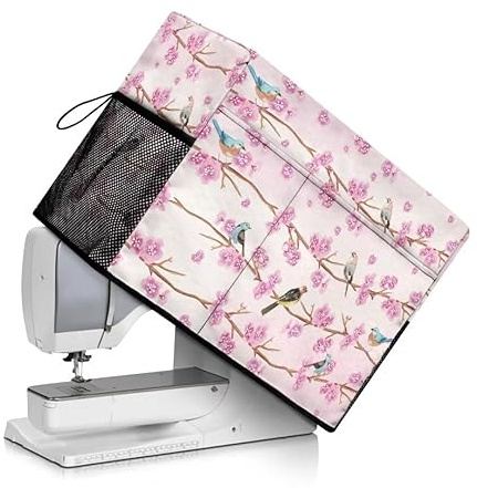 Jeiento Nähmaschinen-Abdeckung mit Taschen für zusätzliches Zubehör, kleine Maschinen-Schutz-Staubabdeckung für die meisten Standard-Nähmaschinen, Blue Birds Pink Cherry Blossom, Beauty Case