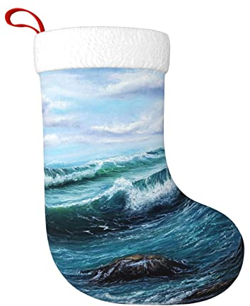TRESILA Personalisierbarer Weihnachtsstrumpf Nikolausstrümpfe, Geschenktüten, Süßigkeitenbeutel, Weihnachtsbaum, zum Aufhängen für Weihnachten, Feiertage, Party – Blaue Meereslandschaft