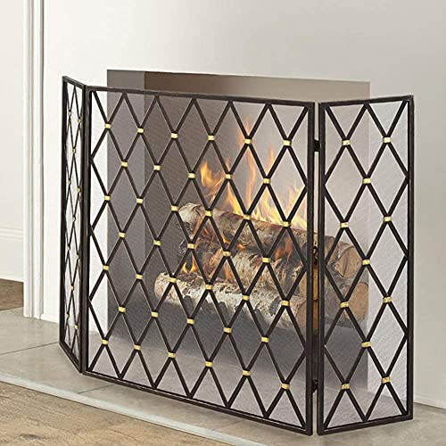 Kaminschutzgitter, 3-teilig, schwarzes Netz, robuster Schmiedeeisen-Feuerschutzzaun, Spark-Schutzabdeckung für den Schutz von Babys, Kindern und Haustieren Beautiful Scenery