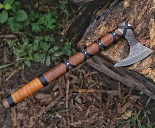 Scarpio Cutlery 20 Custom Hand Forged Real Ragnar Norse Viking Axe Hatchet, Splitting Axe, Rose Wood Shaft with Beautiful Design Leather wrap Into Handle.