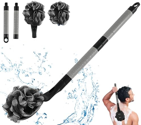 BTideas Loofah with Handle, 21.7” Detachable Loofah Back Scrubber, Back Loofah, Exfoliation and Improved Skin Health, Shower Loofah for Shower for Men Women（Black）