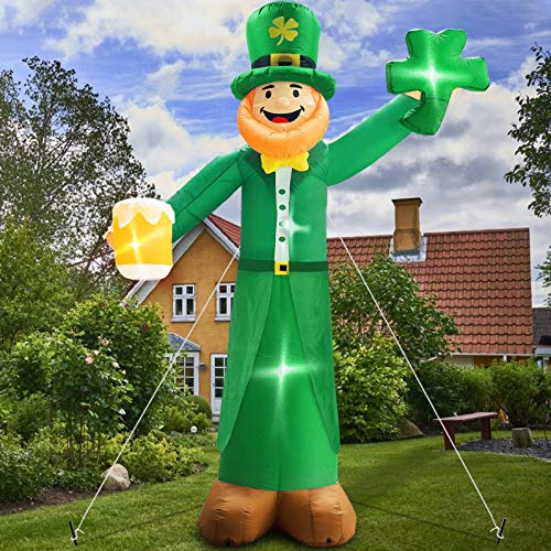 12 Ft St Patricks Day Decorations Inflatable Leprechaun, Blow up Leprechaun Hold Shamrocks Beer Build-in LED Light for Yard Garden Decorations, Indoor and Outdoor Theme Party Yard, Garden, Lawn Decor