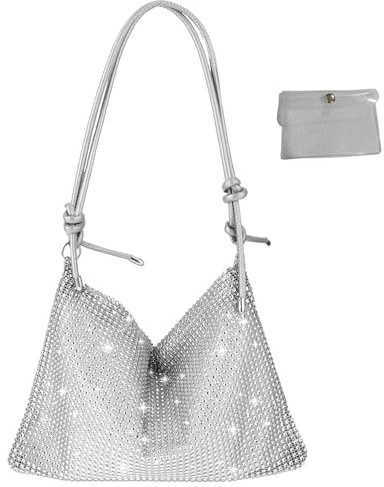MHDUYEG Glitzer Tasche Frauen Bling Abendhandtasche Strasssteine Clutch Schultertasche für Abschlussball, Party, Hochzeiten (Silber, mit Kartenhalter)