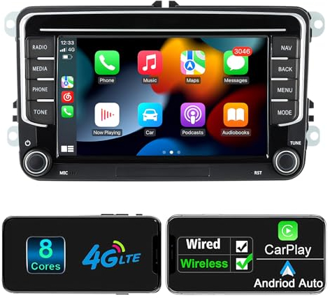 Android Autoradio mit Navi Bildschirm für VW Golf 5 6 Seat Passat, 8-Core 4GB+64GB Wireless Android Auto Carplay VW Radio, 7 Zoll VW Polo T5 Radio Bluetooth RDS FM GPS WiFi