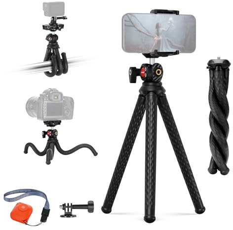 NEEWER Flexible Tripod with Remote, Mini Camera Phone Tripod Stand with Hidden Phone Holder & Action Camera Adapter Compatible with GoPro Hero 13 12 11 10 DJI Insta360 Samsung for Vlogging, TP34