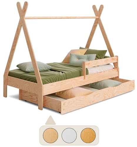 smartwood Cama Casita 90x190 - Cama Infantil con Cajón Tipi D Madera de Madera de Pino FSC con Barandilla Anti-caídas y Somier de Lamas hasta 230 kg - para Niño y Niña - Montaje Fácil
