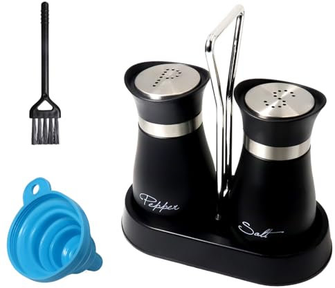 Salz und Pfefferstreuer Set Salzstreuer Klein Gewürzstreuer aus Glas Edelstahl mit Ständer für Küche Schwarz 2er Set