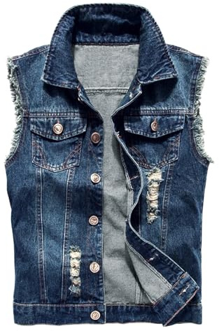 LONGBIDA Men's Denim Vest Casual Slim Fit Sleeveless Jacket Vintage Ripped Summer Jean Vests, Dark Blue, L