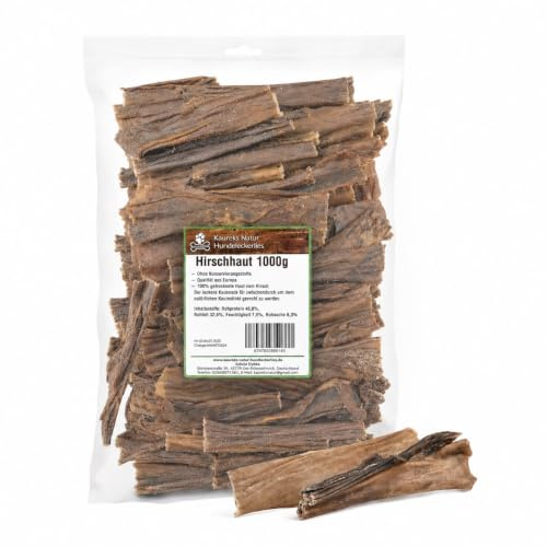 Kaureks Natur Hundeleckerlies, Hirschhaut 1 Kg ca. 15 cm, natürliche Zahnpflege für Hunde, wie Pferdekopfhaut, Rinderkopfhaut