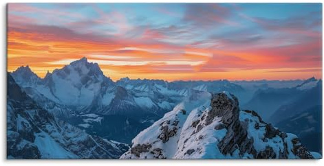 Paul Sinus Wandbild auf Leinwand in 120x60cm Sonnenaufgang Berge Schnee Alpen Himmel Panorama Kunst