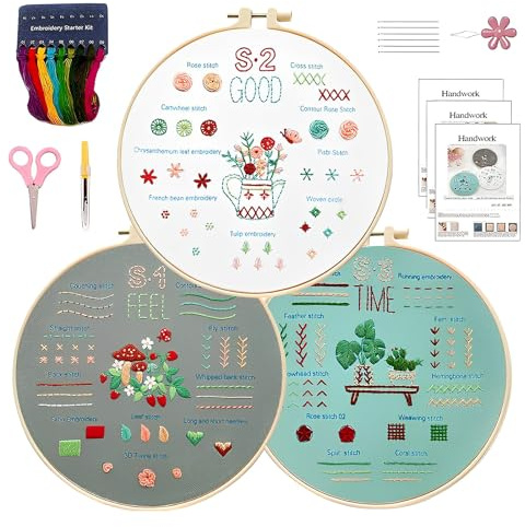 YUDAWN Stickset für Anfänger, 3 Stücke Sticken Set Erwachsene Stickerei Set Embroidery Kit Kreuzstich Set Blumenmuster Pflanzen Stickset mit Bambus Stickrahmen Farbfäden Werkzeuge