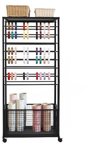 Purptarol Ribbon Holder Organizer Rack,Double-Sided 16-TierRibbon Display Stand with Storage Basket and Wheels,Multifunctional Flower Wrapping Paper Storage Stand,for Flower Shops, Craft Rooms (Black)