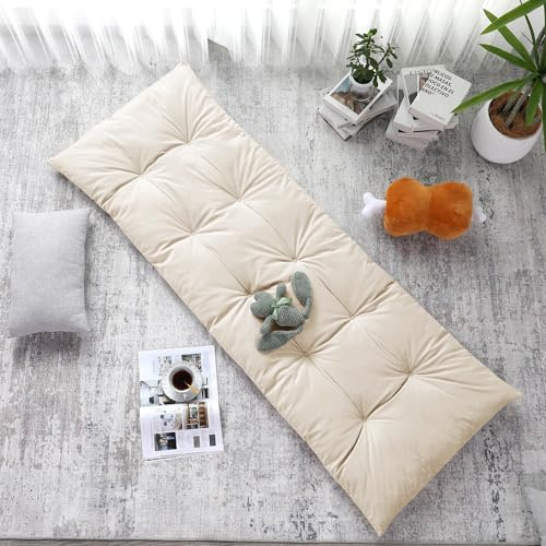 HOMBYS Floor Lounger Pillow Foldable and Tufted Design Long Floor Cushion for Yoga, Reading, Sleeping, Meditation, Elastic Band for Roll Up and Easy Storage, Machine Washable (Beige, 74x27)