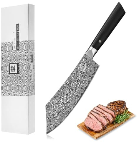 zayiko Black Edition Blockmesser 20 cm, 67 Lagen Damaststahl mit VG-10-Kern | Schwarze Klinge, Pakkaholzgriff, 15° V-Schliff beidseitig, 60 ± 2 HRC, für große Fleischstücke und Grillgut, mit Geschenkbox.