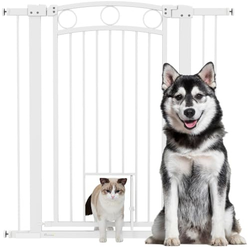 PawHut Dog Stair Gate 106cm Extra Tall 76-104cm Adjustable Width White | Pressure Fit Safety Gate, Cat Door, 7cm and 14cm Extensions, for Stairs, Doorways, Easy Installation