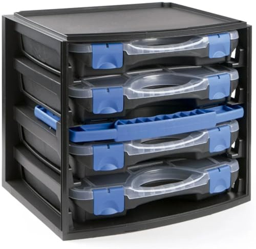 SIO Armario Organizador con 4 Estuches Portátiles - Caja de Herramientas con Compartimentos y Asa - Maletín Modular de Plástico para Tornillos, Piezas y Bricolaje Taller - Armario Clasificador Estuche