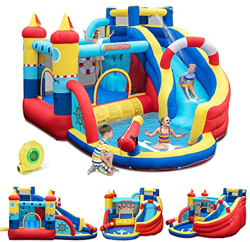GOPLUS Château Gonflable Pirate,avec Toboggan,Pistolet à Eau et Trampoline,Piscine et Mur d'escalade, pour 3-4 Enfants 3-12 Ans Jusqu’à 120KG,360X290X200CM (Pirate+Gonfleur 450W)