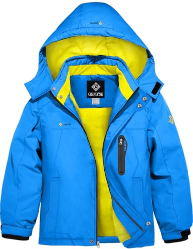 GEMYSE Jungen Skijacke Wasserdichte Winddichte Winterjacke Mit Warmer Fütterung Kinder Schneejacke mit Kapuze für Outdoor(Himmelblau mit gelbem Futter,128-134)