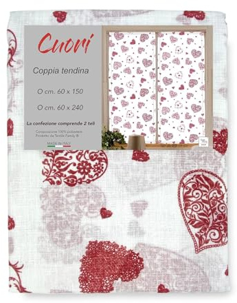 Tex family Coppia TENDINA a vetro Cuore Rosso larga cm. 60 da Finestra e da Porta - COPPIA (2 TELI) CM. 60X150