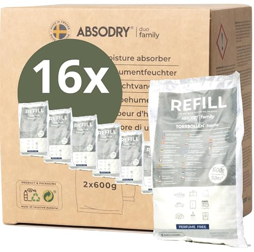 AbsoDry - Confezione di ricarica per deumidificatore, 16 x 600 g, compatibile con AbsoDry, previene gli odori e lega l'umidità, sacchetto essiccante con granuli per deumidificatore per ambienti