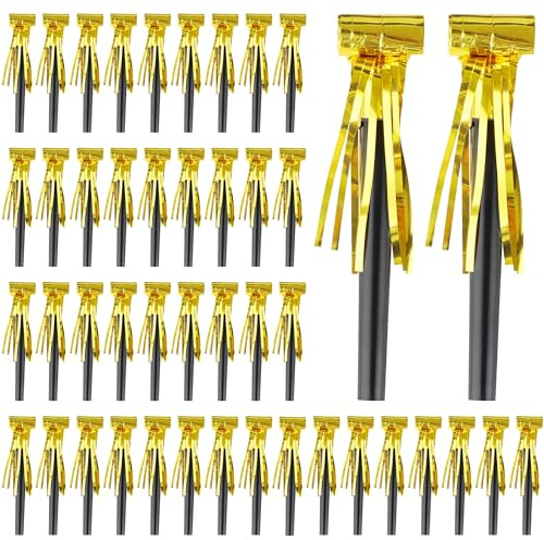 Traplace 50Pcs New Years Noise Makers, Gold Party Blowers, Happy New Year Party Favors Metallic Fringed Party Horns, Birthday Blowers for Adults Women Men New Years Eve Supplies