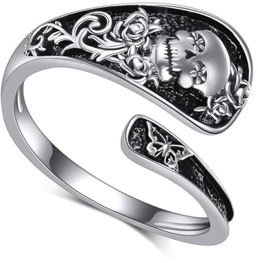 JERWLI Skull Ring for Women 925 Sterling Sliver Skull Spoon Rings Gothic Punk Rings Butterfly Statement Ring Vintage Victorian Jewelry Gifts for Women Wife