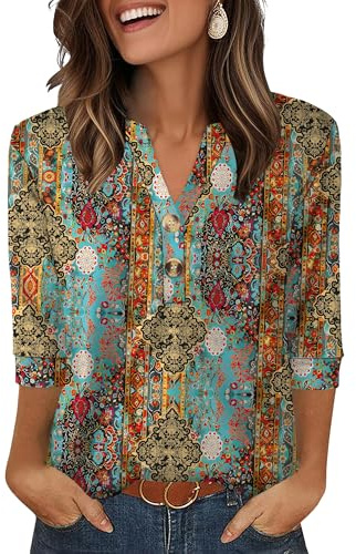 Aokosor Womens 3/4 Sleeve Tops Ladies Blouse V Neck Tunic Long Sleeve T Shirts Curved Hem Office Wear Blue Flora Top Size 14-16 for UK