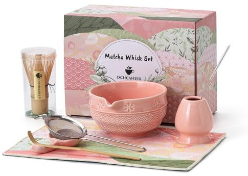 Matcha Tea Set, 8 Pcs Japanese Matcha Kit with Cherry Blossom and Wave Design Ceramic Bowl, Bamboo Whisk, Whisk Holder, Scoop, Sifter, Brush, Matcha Kit Set for Matcha Lovers (Pink)