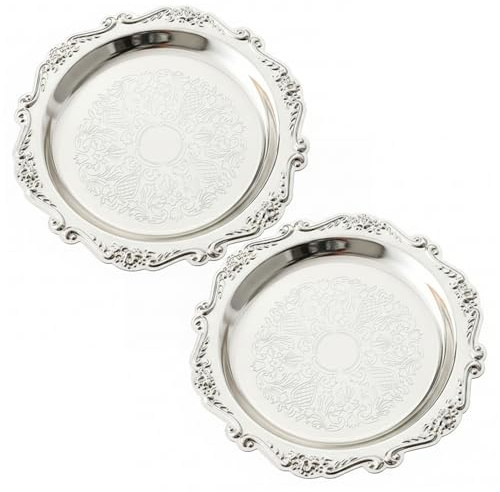 Plateau en Argent 2 pièces, Plateau de Service décoratif Vintage en métal argenté de 7.9 Pouces pour collations, Desserts aux Fruits