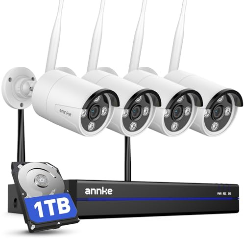 ANNKE Kit de caméras de surveillance Wi-Fi 4K pour extérieur, 4 caméras WiFi 8 MP, NVR 16 CH 4K avec disque dur de 1 To, matériau entièrement métallique, Wi-Fi 5 GHz/2,4 GHz, vision nocturne couleur