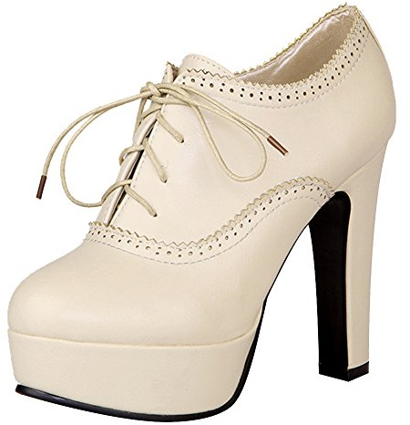Jamron Damer vintage hög platåblockklack pumps elegant brogue Oxfords halvskor med snörning, Beige, 35.5 EU