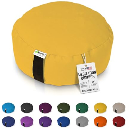 Bean Products Zafu Meditation Pillows for Sitting on Floor, Yoga Cushion, Cotton/Buckwheat Fill Yoga Pillow, Zafu Meditation Cushion, Zen Kneeling Prayer Pad- Made in USA - 14 Round - Saffron