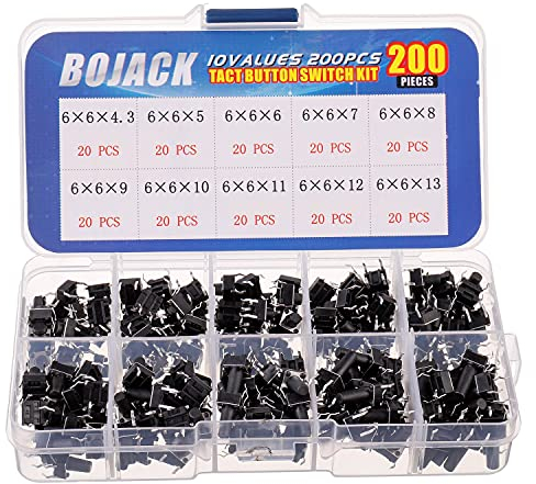 BOJACK 10 Valores 200 piezas 6x6 mm Interruptores mediante pulsación de botón Kit de surtido de interruptores momentáneos de 4 pines