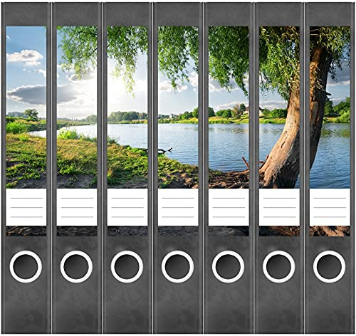 Etiketten für Ordner | Baum am Fluss | 7 Aufkleber für schmale Ordnerrücken | Selbstklebende Design Ordneretiketten Rückenschilder