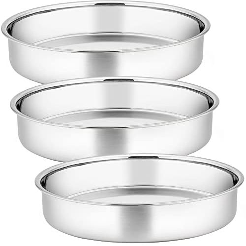 Joyfair Set di 3 stampi per torte da 20 cm, in acciaio inox, rotondi, per cuocere e arrostire, finitura a specchio e lavabili in lavastoviglie, sani e durevoli, 20 cm