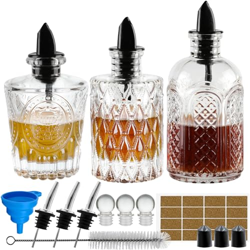 Coffee Syrup Dispenser Olive Oil Bottle Honey Pot Set of 3, Vintage Glass Bottle with Leak-Proof Lids Pour Spout Decor for Kitchen, Dining-Table, Coffee Bar