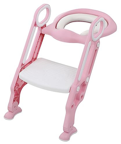 Homewell Faltbarer Toilettensitz Kinder mit Treppe und Griffe, Kinder Sitz Toilettentrainer Töpfchen für Kinder ab 1-7 jahre, Höhenverstellbar und Nicht -Slip Design (Rosa)