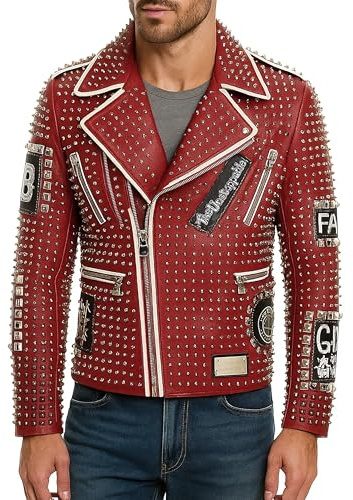 UGFashions Mens Red Motorcycle Genuine Leather Spiked Jacket Cowhide Rock Punk Pride Brando Biker Studded Jacket