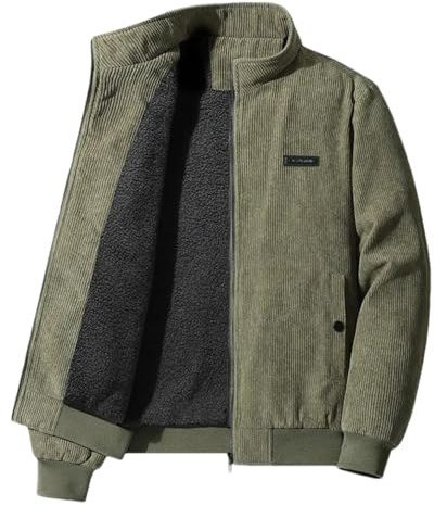 Adhdyuud Giacca da uomo in velluto a coste tinta unita casual in pile di agnello ispessito grande colletto in piedi giacche, Militare EN8, L