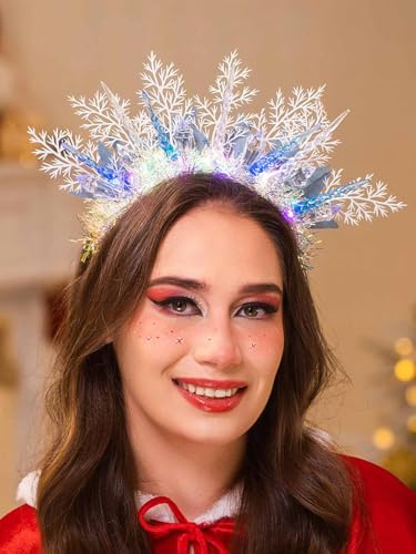 IYOU Leuchtende Schneeflocken Stirnband Blau Blätter Eiszapfen Haarreif Blinkende Festival Weihnachten Haarschmuck für Frauen
