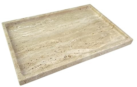 GHYFGD Lyxig naturlig marmorbricka sten organiseringsbricka för skrivbord/kök/smink/badrum, tallrikshållare för näsdukar/ljus/tvål/handduk (beige travertin, 30 cm x 20 cm)
