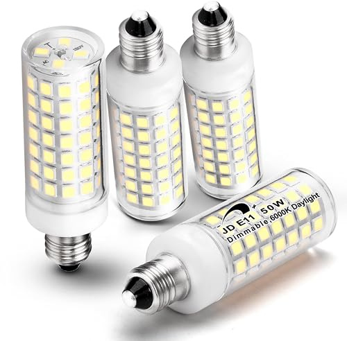 ALIDE E11 Led Bulbs Dimmable Daylight,JDE11 120V 50W Halogen Candelabra Bulbs Equivalent,T3 T4 Mini Base JD E11 Bulb, 6000K Bright White 5W E11 for Chandeliers, Ceiling Fan, Table Lamps,4Pack