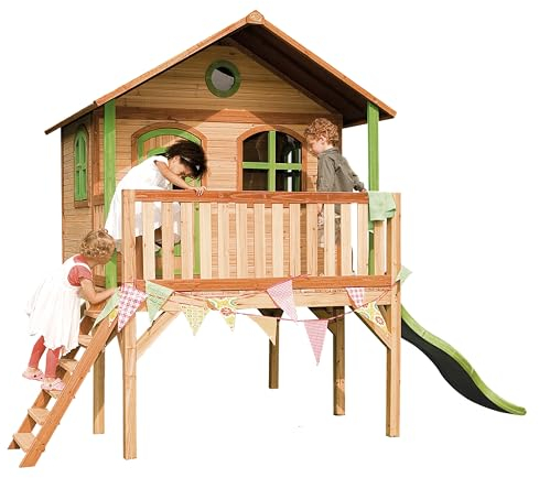 AXI Spielhaus Sophie mit hellgrüner Rutsche | Stelzenhaus in Braun & Grün aus FSC Holz für Kinder | Spielturm mit Wellenrutsche für den Garten