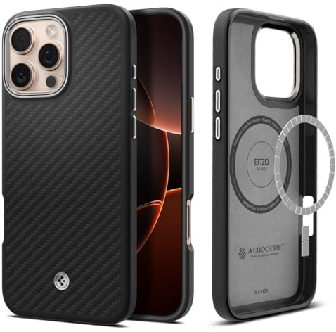 Spigen Enzo Aramid MagFit Case for iPhone 16 Pro Max, Compatible with MagSafe Accessories - Black Silver