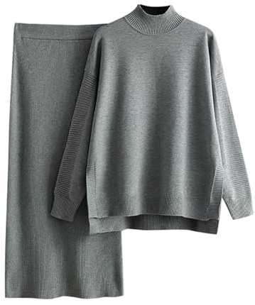 KBOPLEMQ Conjunto de jersey para mujer de 2 piezas, conjuntos de jersey de manga larga, cuello redondo, de punto y falda, ropa de estar por casa casual, calentita, trajes de entrenamiento, pantalón de