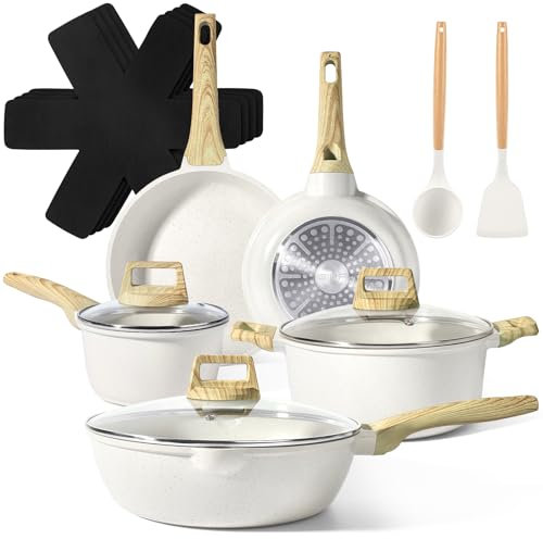 GiPP Pots and Pans Set Non Stick - 14 Piece White Ceramic Kitchen Cookware Sets Nonstick Induction Cookware Non-Toxic Cooking Pan Set with Silicone Spatula&Spoon, PFOS and PFOA Free (White, 14PCS)