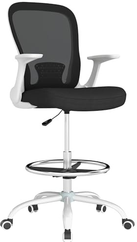 HOMCOM Silla de oficina alta ergonómica con reposabrazos abatibles, respaldo de malla, soporte lumbar, anillo de pie ajustable, ruedas giratorias, para escritorio de pie, blanco y negro