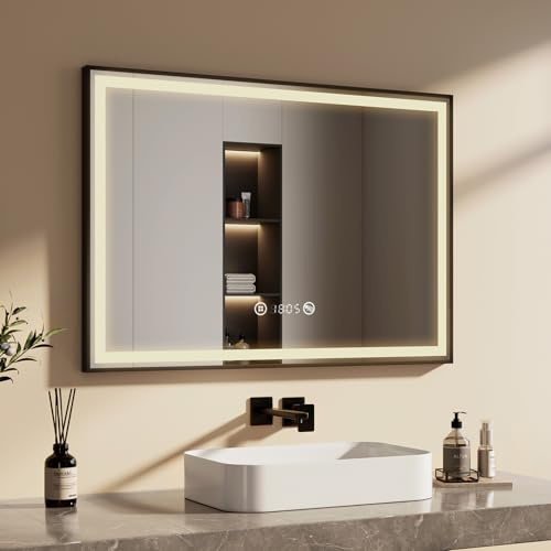 EMKE Badspiegel mit Beleuchtung 100x70cm, Badezimmerspiegel mit Antibeschlag, Neutralweiß Licht dimmbar 4300K, Uhr, Touch, Speicherfunktion, schwarzer Badezimmerspiegel mit Beleuchtung